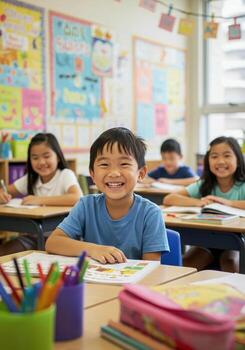 Joyful young student beams with excitement during engaging classroom lesson, fostering a vibrant learning environment for curious minds eager to discover. photo