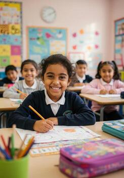 Joyful young student beams with bright smile, actively drawing and learning in a vibrant, colorful classroom setting photo
