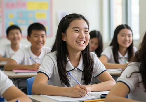 Engaged young students enthusiastically learning and smiling during a bright classroom lesson, capturing the joy of education and discovery. photo