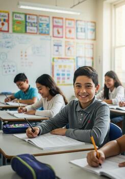 Joyful young student smiles confidently while learning and writing during a bright classroom lesson with classmates engaged in study photo