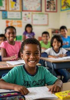 Joyful young student beams with excitement while learning in a vibrant, diverse classroom filled with peers and colorful educational displays photo