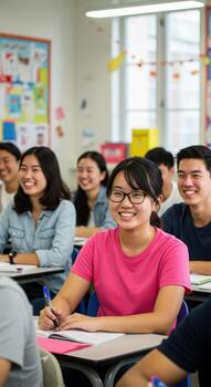 Engaged students learning and smiling in a bright, modern classroom environment, capturing the joy of education and youthful curiosity photo