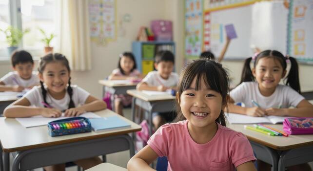 Joyful elementary school students engaged in learning activities, capturing the essence of education and bright futures in a vibrant classroom setting. photo