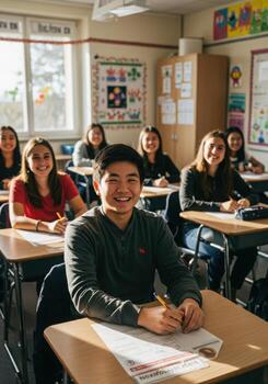 Smiling students enthusiastically engage in classroom learning, writing diligently at their desks with bright natural light photo