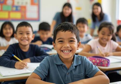 Joyful young student beams with happiness in a vibrant classroom, capturing the magic of learning and childhood discovery photo