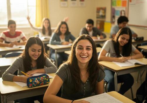 Engaged young student beams with joy while learning in a bright, modern classroom setting, surrounded by focused peers. photo