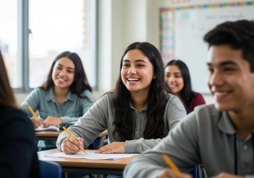 Engaged students with bright smiles enthusiastically learning and writing in a modern, sunlit classroom environment. photo