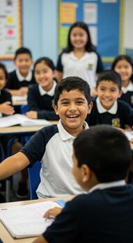 Joyful elementary school students engaged in learning, smiling brightly in a modern classroom setting, capturing the essence of education and childhood wonder. photo