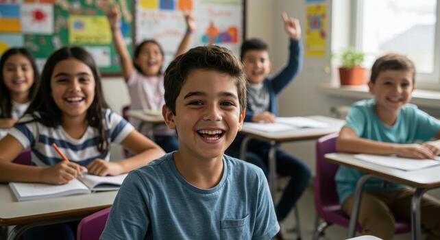 Joyful diverse students enthusiastically raising hands in a bright, engaging classroom setting, eager to learn and participate. photo