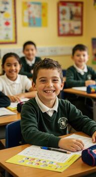 Joyful young student beams with excitement while learning at school desk, surrounded by classmates in bright classroom setting photo