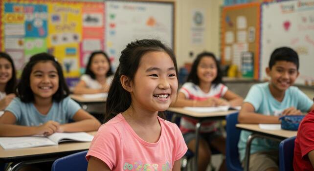 Engaged diverse elementary students enthusiastically learning and smiling in a bright, colorful classroom setting photo