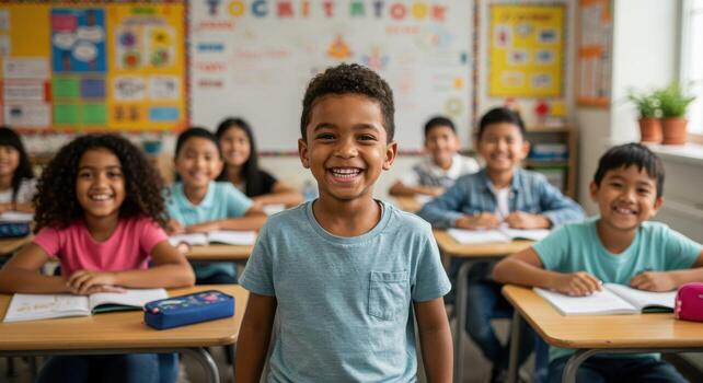 Joyful diverse elementary school students smiling brightly in a vibrant, modern classroom setting, ready for learning and growth. photo