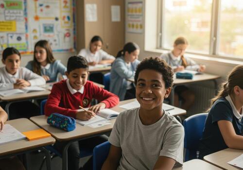 Joyful young student smiles brightly in a modern classroom surrounded by classmates engaged in learning activities photo