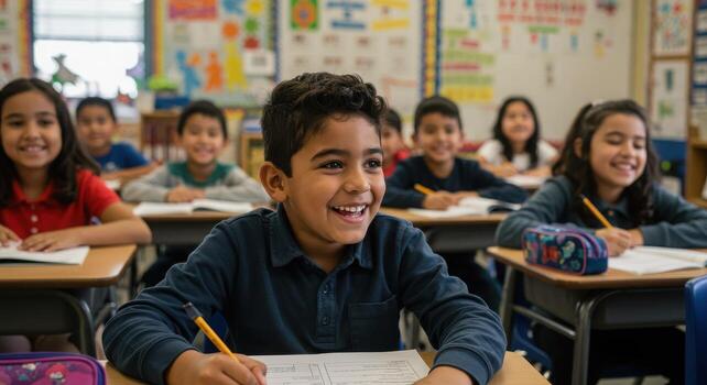 Joyful elementary students engaged in learning, smiling brightly during a classroom lesson, pencil in hand, capturing the essence of education and curiosity photo