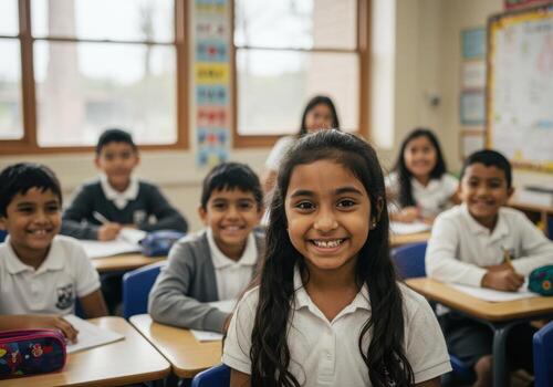 Joyful young students engaged in learning, smiling brightly in a vibrant modern classroom setting, capturing educational enthusiasm photo