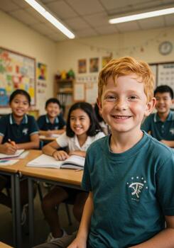 Joyful young student with bright smile leads diverse classmates engaged in learning within a vibrant modern classroom setting photo