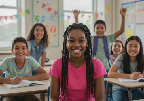 Diverse group of happy students celebrating success in a vibrant classroom environment, radiating positivity and learning. photo