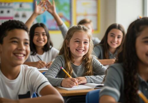 Joyful diverse students engaged in learning, smiling brightly during a classroom lesson with hands raised eagerly. photo