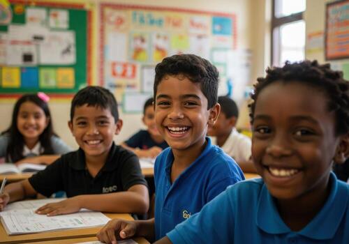 Joyful diverse elementary students smiling brightly in a modern, sunlit classroom, embracing learning and fun together. photo