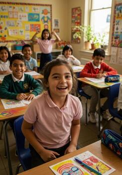 Joyful diverse elementary school children engaged in learning and smiling brightly in a vibrant, modern classroom setting, creating a positive educational atmosphere. photo