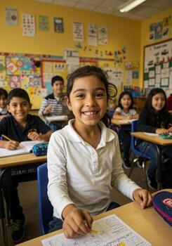 Joyful young student beams with enthusiasm while learning and engaging in classroom activities, fostering educational growth and happiness. photo