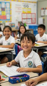alegre joven estudiantes activamente aprendizaje y sonriente en un brillante, moderno salón de clases ambiente, Fomentando compromiso y curiosidad. foto