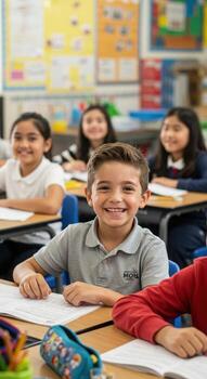 alegre diverso elemental estudiantes comprometido en aprendiendo, sonriente brillantemente en un vibrante salón de clases ambiente foto