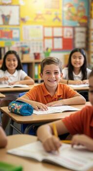 Joyful young student beaming with excitement while learning and engaging in classroom activities with classmates around photo