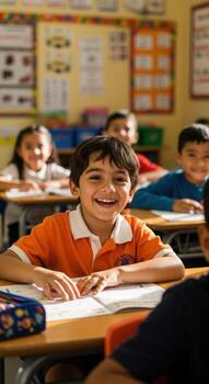 Joyful elementary student beaming with happiness during a vibrant classroom lesson, embracing learning and school engagement photo