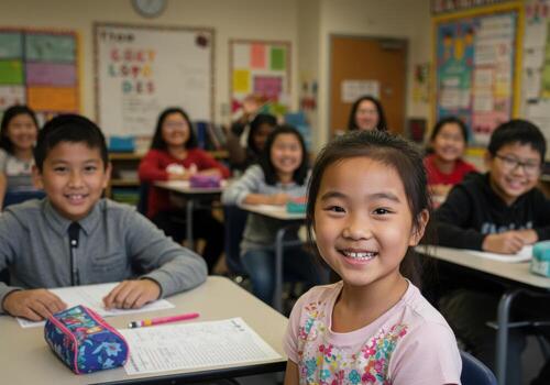 Joyful diverse students beaming with smiles in a bright, modern classroom celebrating learning and education together photo