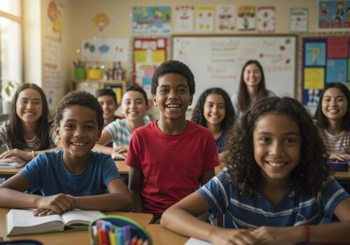 Diverse students beaming with joy during a vibrant classroom lesson, capturing the essence of learning and engagement photo