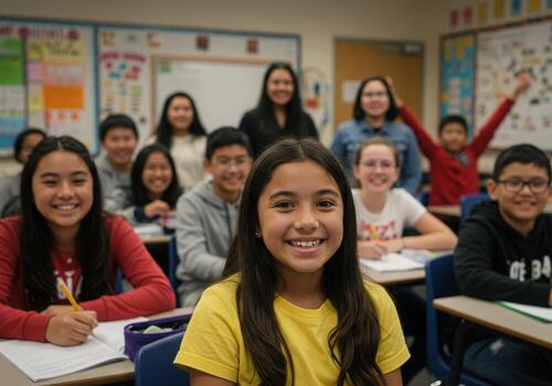 Joyful diverse students learning together in a bright, modern classroom with enthusiastic teacher guiding them photo