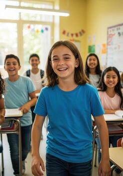 Joyful diverse students beaming with excitement in a bright, modern classroom, ready for learning and new adventures photo