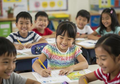 Joyful young students engaged in learning activities, smiling brightly during a vibrant classroom lesson filled with curious minds and educational exploration photo