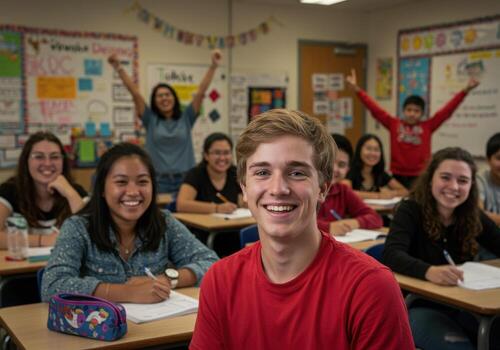 Enthusiastic students celebrating academic success in a vibrant, modern classroom setting with joyful expressions and raised hands photo