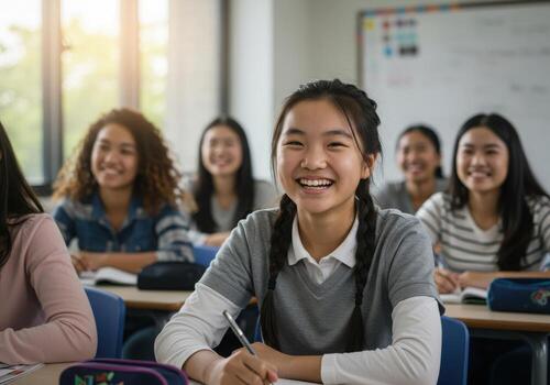 Joyful students learning and smiling in a bright, modern classroom filled with sunlight, representing educational success and engagement. photo