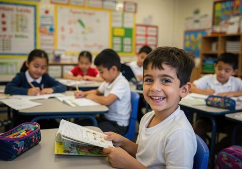 Joyful young student beams confidently while learning in a vibrant, modern classroom filled with eager classmates engaged in lessons photo