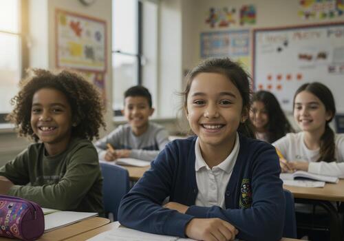 Joyful diverse elementary students smiling brightly in a sunlit classroom learning together with enthusiasm and curiosity photo