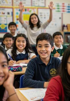 Joyful diverse students engaged in learning, smiling brightly in a modern classroom setting with teacher cheering them on photo
