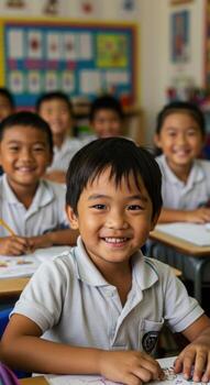 Joyful young students engaged in learning, smiling brightly in a vibrant classroom setting, fostering curiosity and academic growth. photo