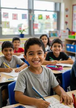Joyful children actively learning and smiling brightly in a vibrant, modern elementary classroom setting photo
