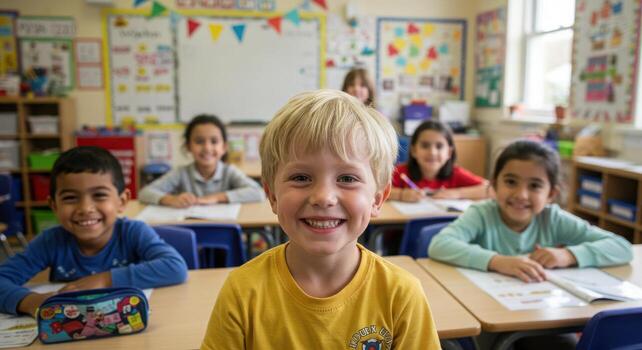 Joyful children learning together in a bright, modern classroom, smiling enthusiastically during their lesson photo