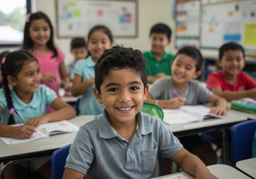 Joyful diverse elementary students learning and smiling brightly in a modern, engaging classroom environment photo