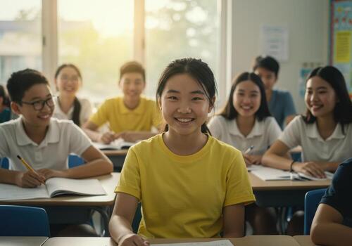 Joyful Asian students smiling brightly during a vibrant classroom lesson, embracing learning and education with optimism photo
