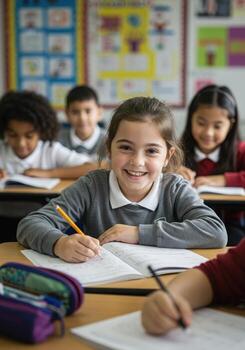 Joyful young student beams with confidence while learning and writing at her desk in a bright, modern classroom environment photo