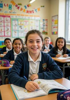 Bright young students engaged in learning, smiling enthusiastically in a vibrant, modern classroom setting photo
