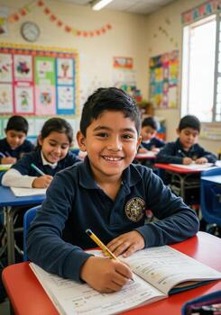 Joyful young student with bright smile enthusiastically learning and writing in a vibrant classroom setting photo