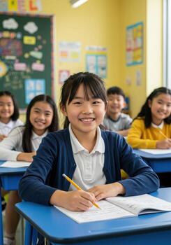 Joyful young student beams while writing and learning in a vibrant, sunlit classroom surrounded by focused classmates. photo