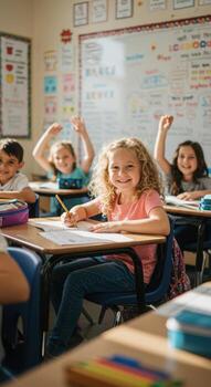 Enthusiastic young students eagerly raising hands in a bright, modern elementary classroom, learning and engaging with bright smiles photo