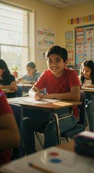 Joyful young student beams with pride while diligently completing schoolwork at his desk in a bright, sunlit classroom setting photo
